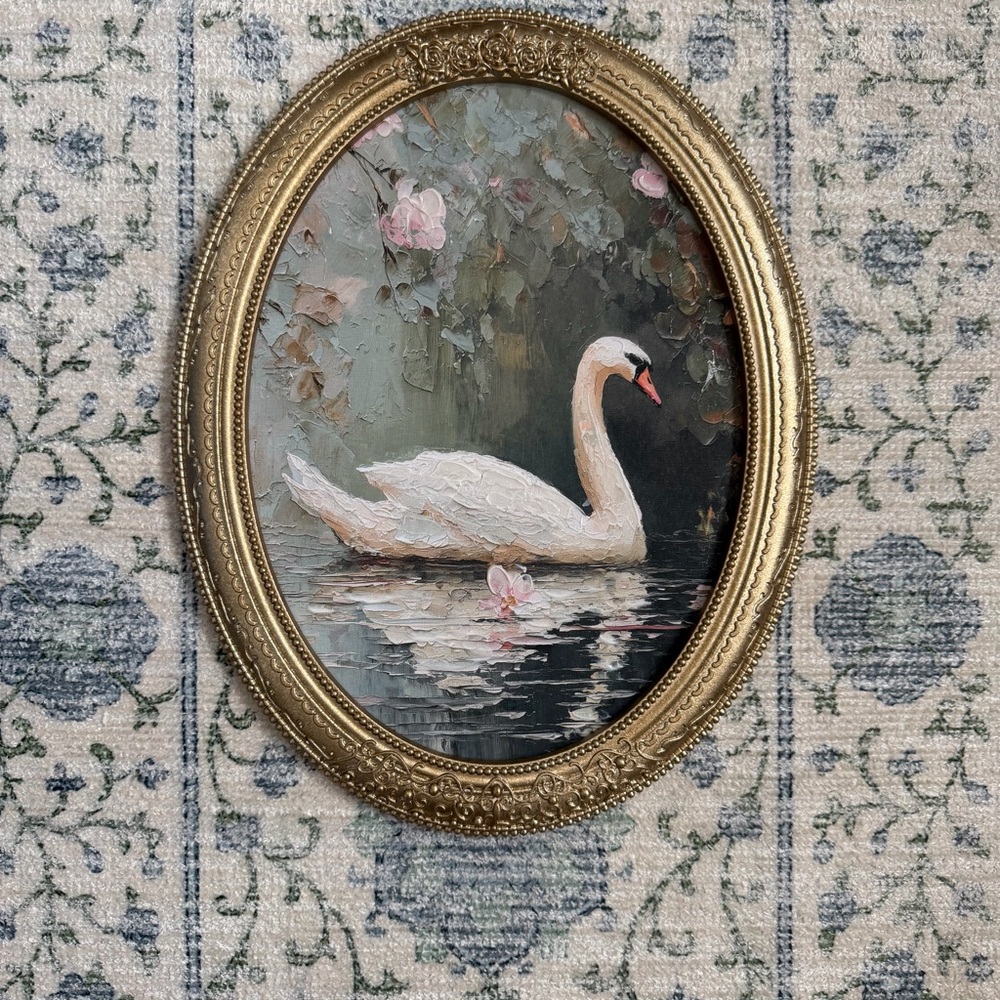 11x14 “lake Swan” Framed Oval glold glittery frame White Swan with Pink Flowers - Picture 7 of 12